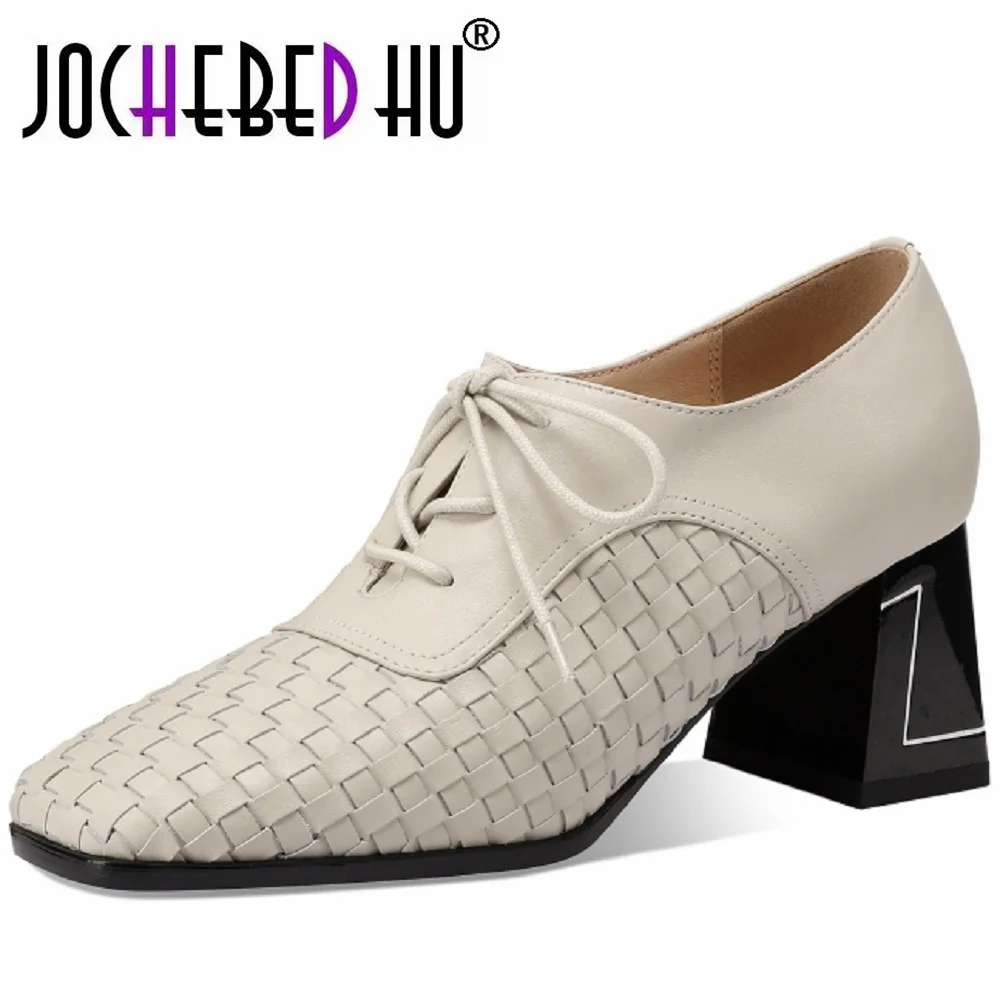 

【JOCHEBED HU】Женские туфли на высоком каблуке из натуральной кожи ручной работы, мягкие и удобные, разноцветные, со шнурками, с глубоким вырезом, размеры 33–43