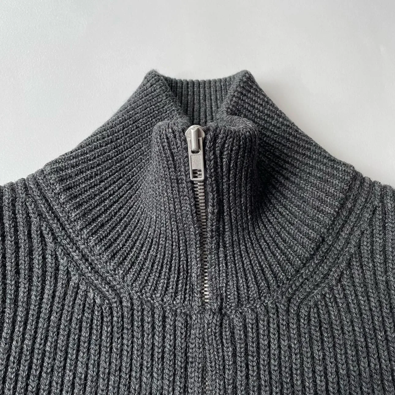 Hand Sewn Four Cornered Gray High Neck Stand Up Collar Wool Double Zipper Knitted Cardigan Sweater Jacket for Men