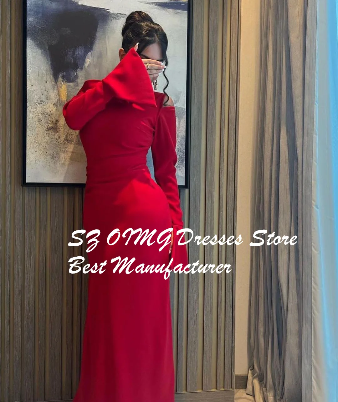 OIMG One Shoulder Red Prom Maxi Dresses Long Sleeves Customized Satin Ruched Sheath Elegant Evening Gowns Formal Party Dress