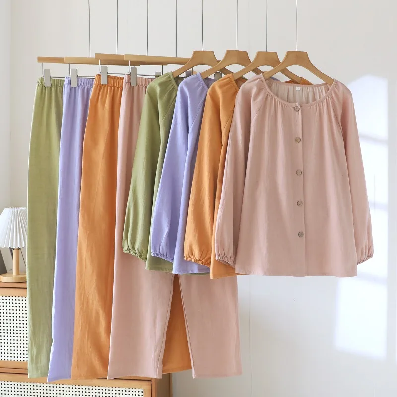 Plus Size Women's Sleepwear Set, Double Layer Cotton Gauze, Solid Color Long Sleeve Pajamas, Casual Loose Fit Loungewear