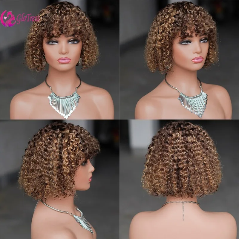 Hochwertige 220% Dichte Ombre Lockige Bob-Perücke 8/10 Zoll Brasilianisches Echthaar mit Pony Perfekt für den Alltag – Detail 5