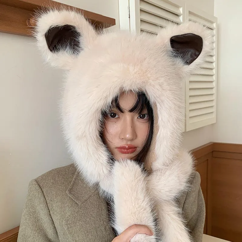 Cute Fox Ear Plush Hat Keep Warm Winter Thick Fur Ear Protection Hat Scarf Integrated Cold Protection Girl Gift