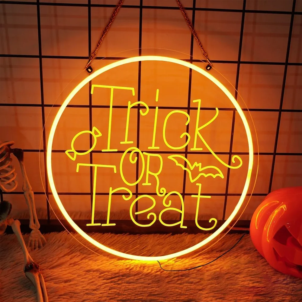 Tanda Neon trik or Treat, lampu Led USB, tanda Neon Halloween kustom, dekorasi acara pesta, tanda lampu Led Halloween, hadiah remaja