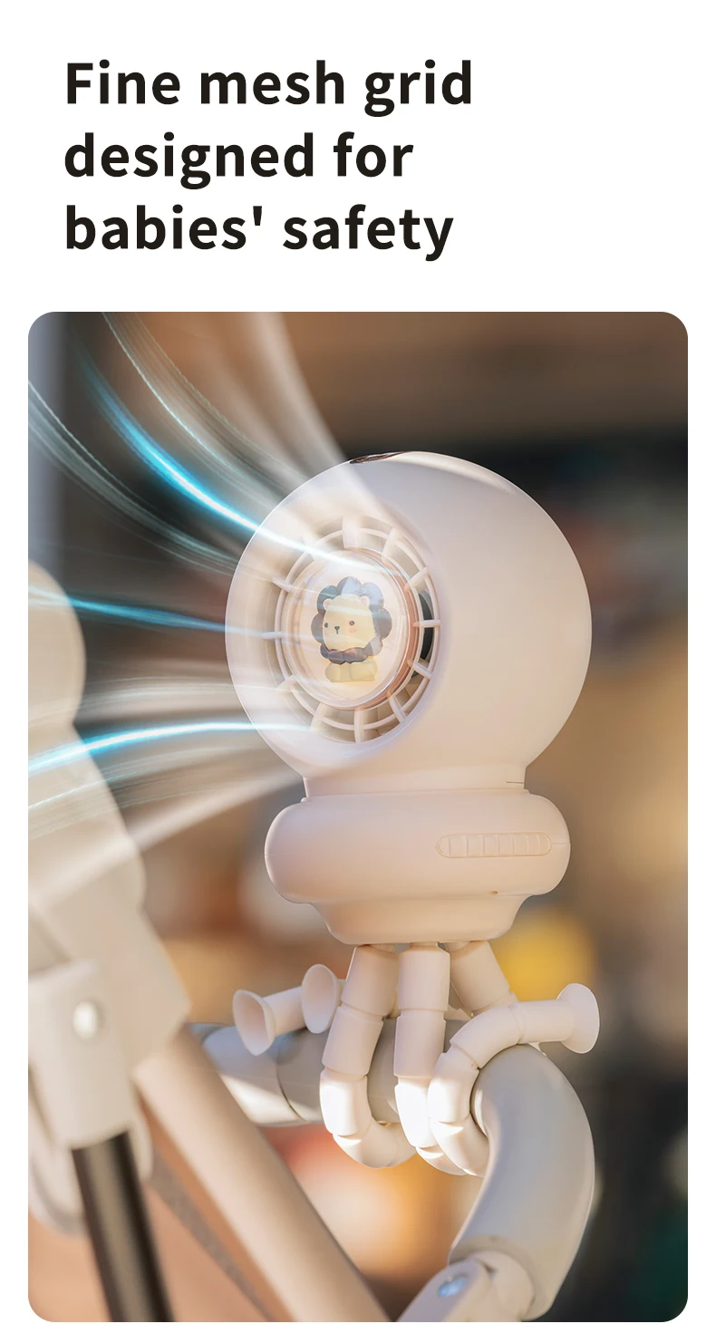 Tragbarer Kinderwagen-Ventilator, Octopus, USB wiederaufladbar, 3600 mAh, Schüttelkopf, zum Aufstecken, abnehmbarer Desktop-Handheld, Mehrzweck-Mini-Ventilator