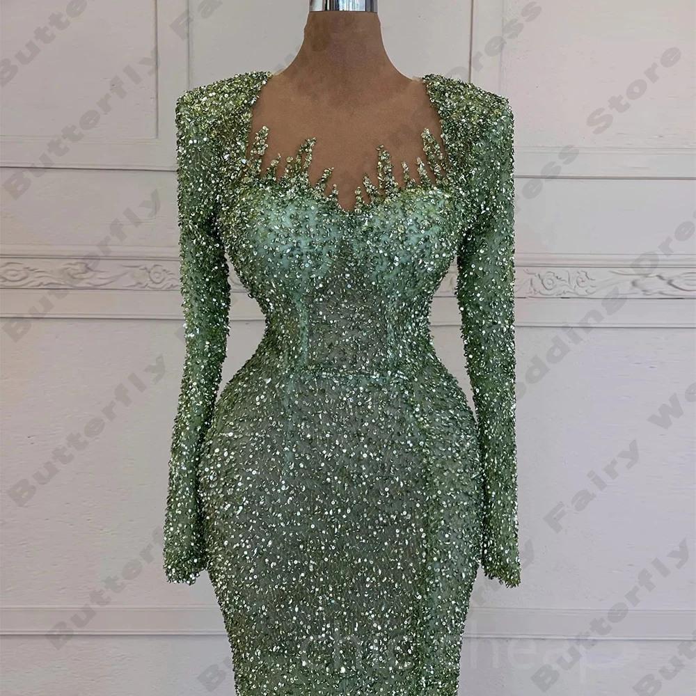 Glitter Dames Lange Mouwen Avondjurken Zeemeermin Ronde Hals Elegante Prinses Galajurken Formele Mode Celebrity Party Robe