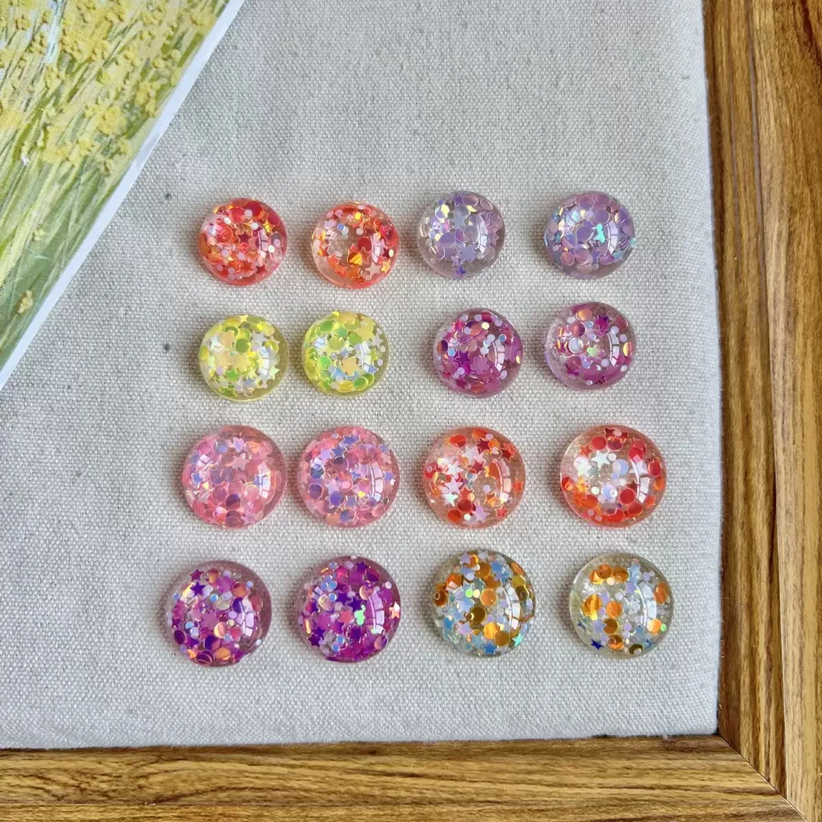 Summer style 100pcs/lot 16mm 18mm sequin effect geometry rounds shape resin cabochon beads diy jewelry garment hair accessory