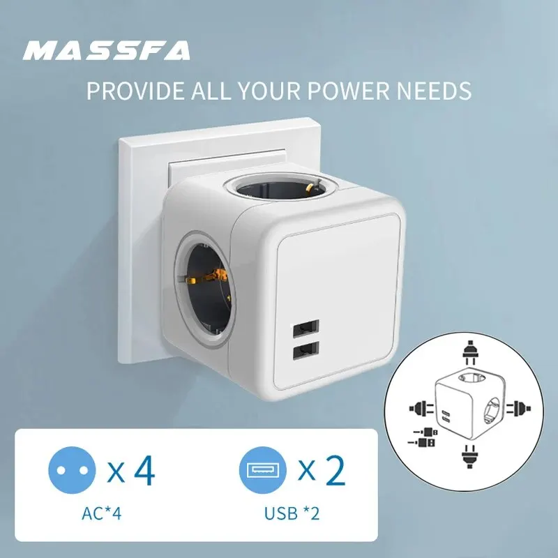 MASSFA Multi 2 USB Power Strip Electrical Plug Cube Multiple Extension Socket with 4 Eu Outlets 3680W Adapter for Home Office