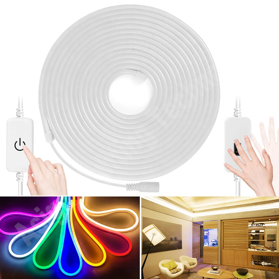 

1m-5m LED Neon Light Strip DC12V 120LEDs/m Hand Scan Sensor Touch Dimmer Switch Flexible Tape Yellow Red Blue Pink Warm White