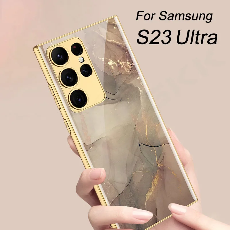 

Luxury Plating Tempered Glass Case For Samsung Galaxy S23 Ultra Painted Glass Anti-knock Hard Cover For Galaxy S24 Ultra Case