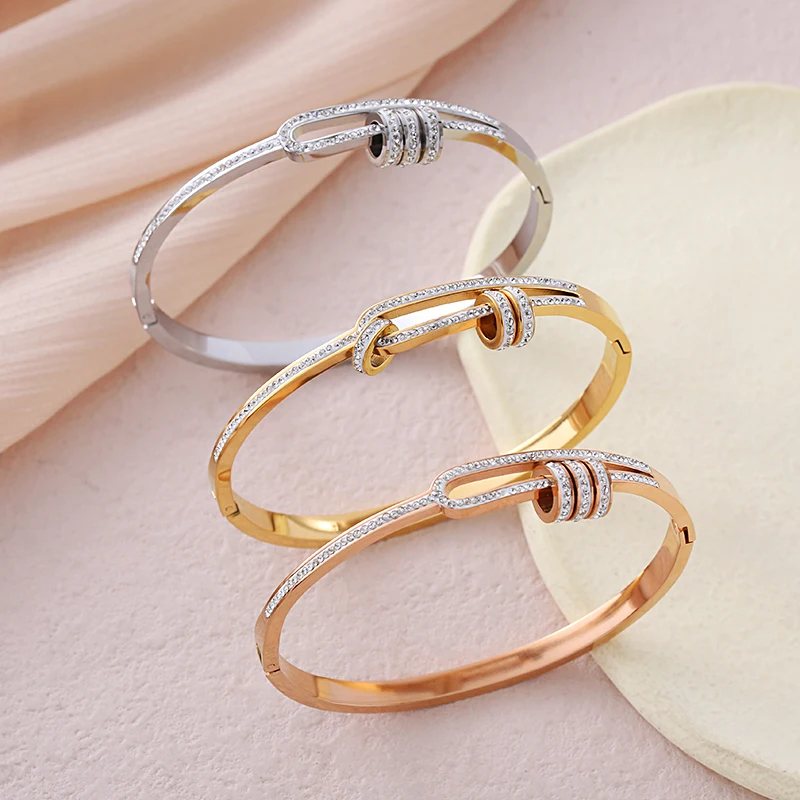 Fashionable Stainless Steel Bracelet with Rhinestones, Movable Circle, Decompression Opening, Women's Bracelet