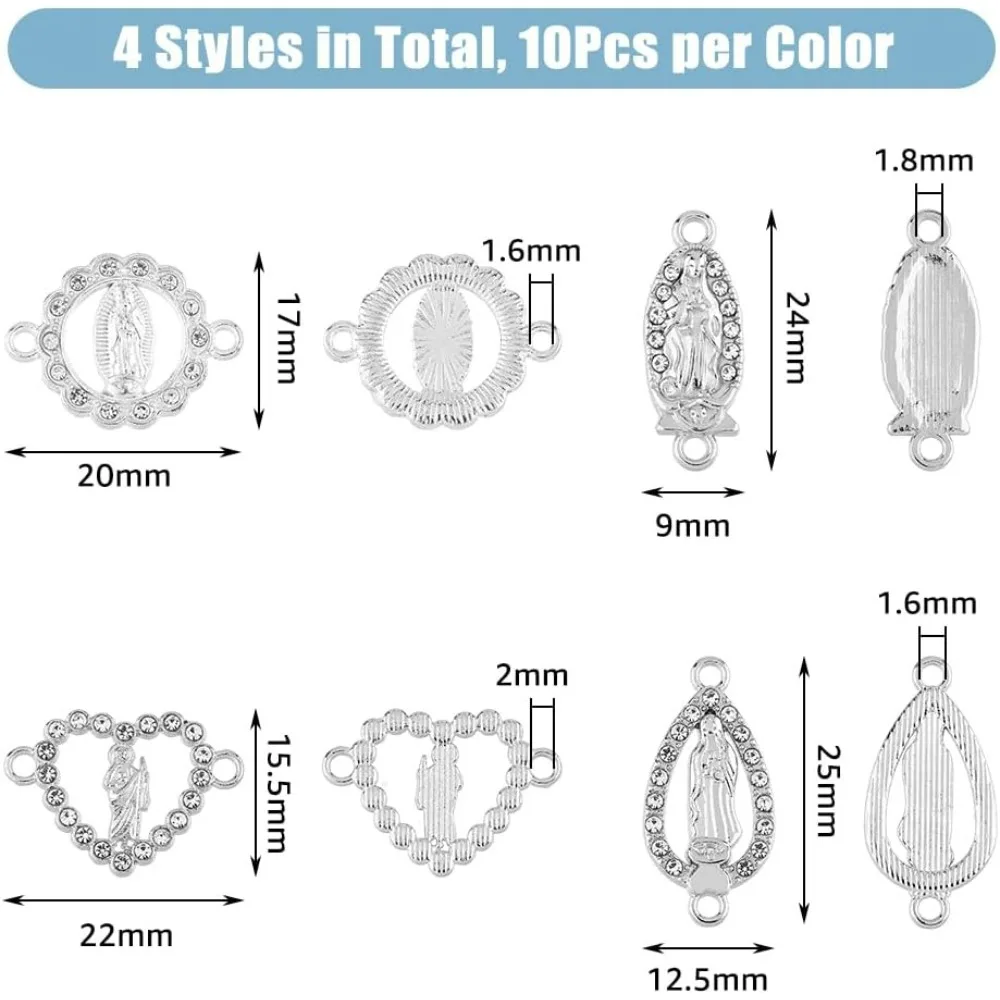 40Pcs 4 Styles Religious Link Charms Rhinestone Alloy Charms Connector Platinum and Silver Virgin Mary Charms with Double