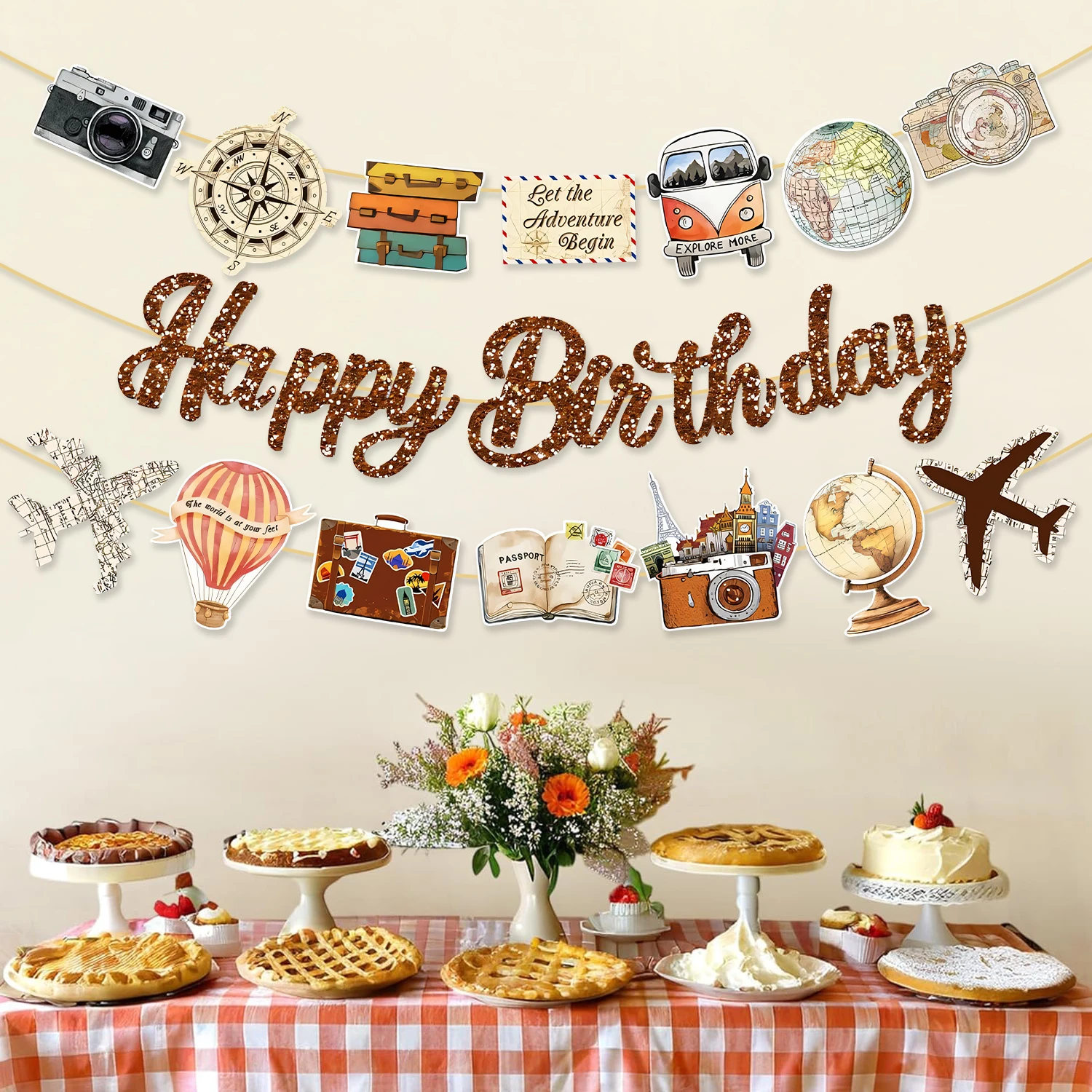 3-teiliges Reise-Geburtstagsbanner Globus Kamera Flugzeug Party Hängendes Banner Retro Reise-Thema Geburtstag Braut Hochzeit Baby Shower