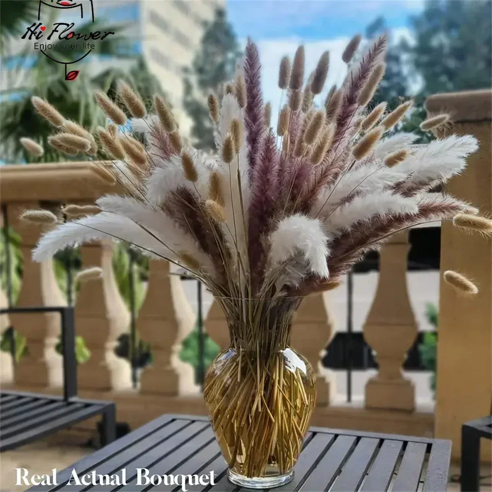 

130PCS Pampas Grass Dried Flowers Boho Farmhouse Country Wedding Home Room Decor Bouquet Bunny Tail Grass DIY Artificial Flowers