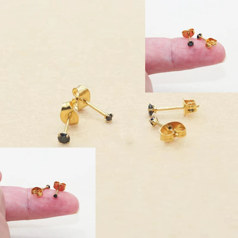 Korean Minimalist Black Zirconia Ear Studs Stainless Steel Cubic Hypoallergenic Push Back Earrings Cross-Border Best Seller