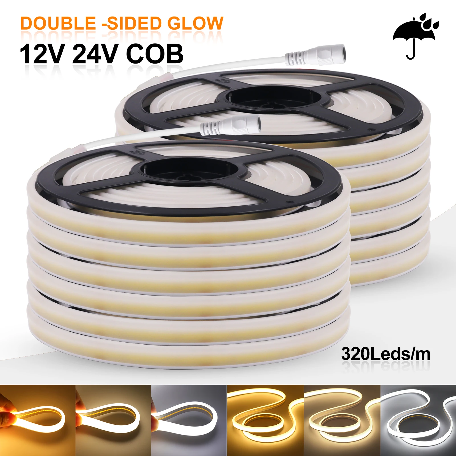 12V 24V Flexible COB LED Strip Lights High Brightness 320LEDs/M Waterproof Neon Ribbon Tape 3000K 6000K for Garden Room Lighting