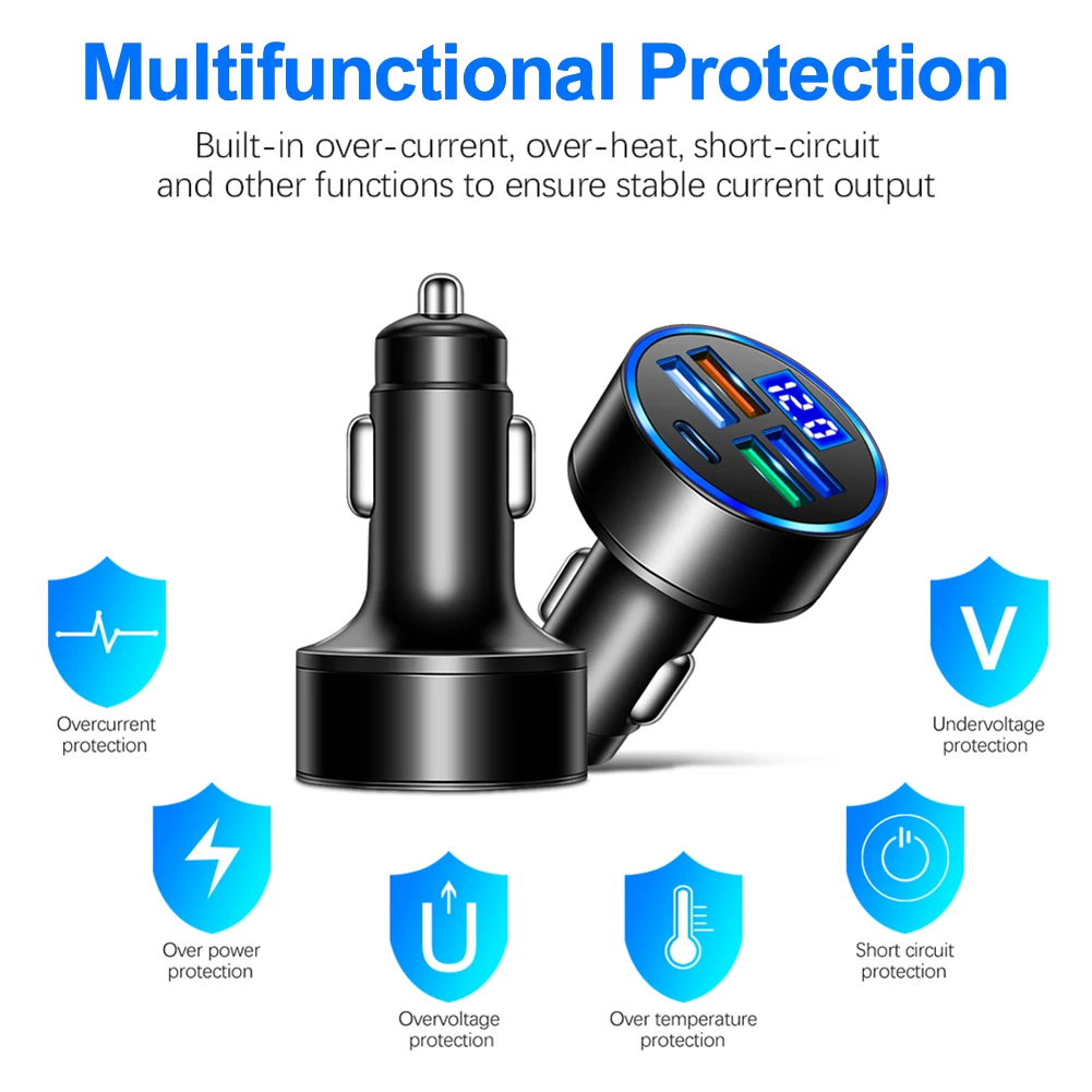 15.5W 4USB Car Charger Type-C Digital Display Car Power Charger 5V 3.1A With Voltage Detection Multi-port Car Power Adapter