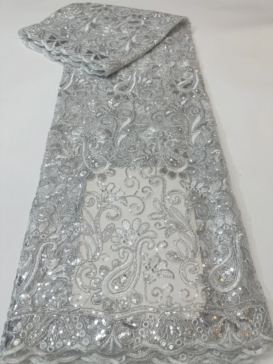 

New Arrival Silver Sequins White African Lace Fabric 2025 High Quality French Nigerian Lace Fabric For Women Party Dress LYX2507