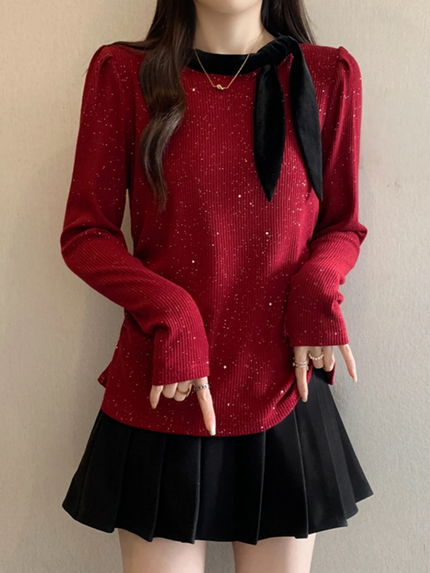 Korean Style  Knot Knitted Base Shirt Women's Spring Autumn Large Size Bright Sparkle Top Heavy Work Glitter T-Shirt