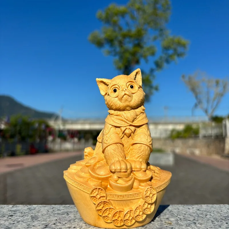 Hand-Carved Hinoki Wood Cat Figurine - 5.9