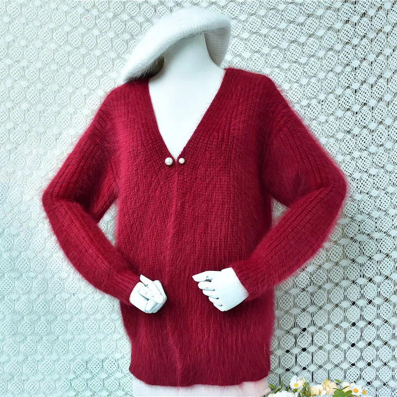 Women Thick Warm Hairy Angora Rabbit Hair Knitted V-Neck Long Sleeves Loose Cardigans Mink Fur Sweater Jacket Mantle Coat Pull