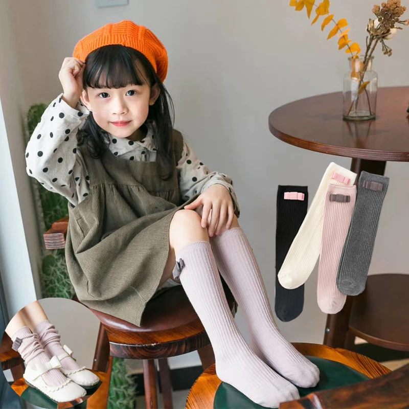 Bow knot children's stockings Spring and autumn girls' high tube stockings Autumn and winter princess baby little girls pile up