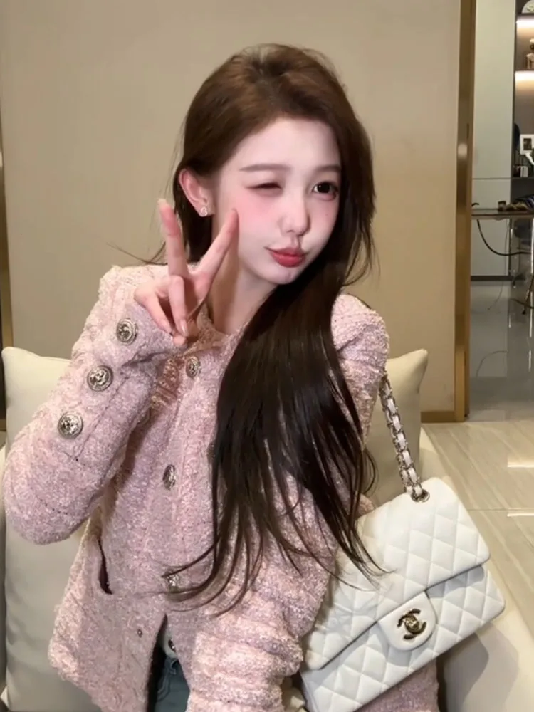韓国風ピンクウールコート レディース 冬服 ファッション ユニーク 美しいボタンアップトップ レディース スタンドフィットジャケット