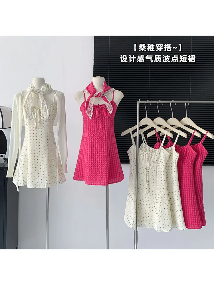 Woman A-Line Dress Bodycon Dress Spaghetti Strap Dress Frocks Polka Dot Patchwork Simple Casual Fashion Chic Sweet Gyaru