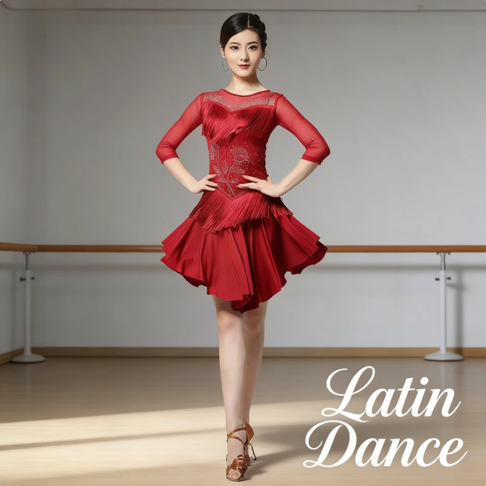 

Новое платье для латиноамериканских танцев из молочного шелка 2025 года, костюм для групповых выступлений, с узором из страз и бахромой, для латиноамериканских танцев.