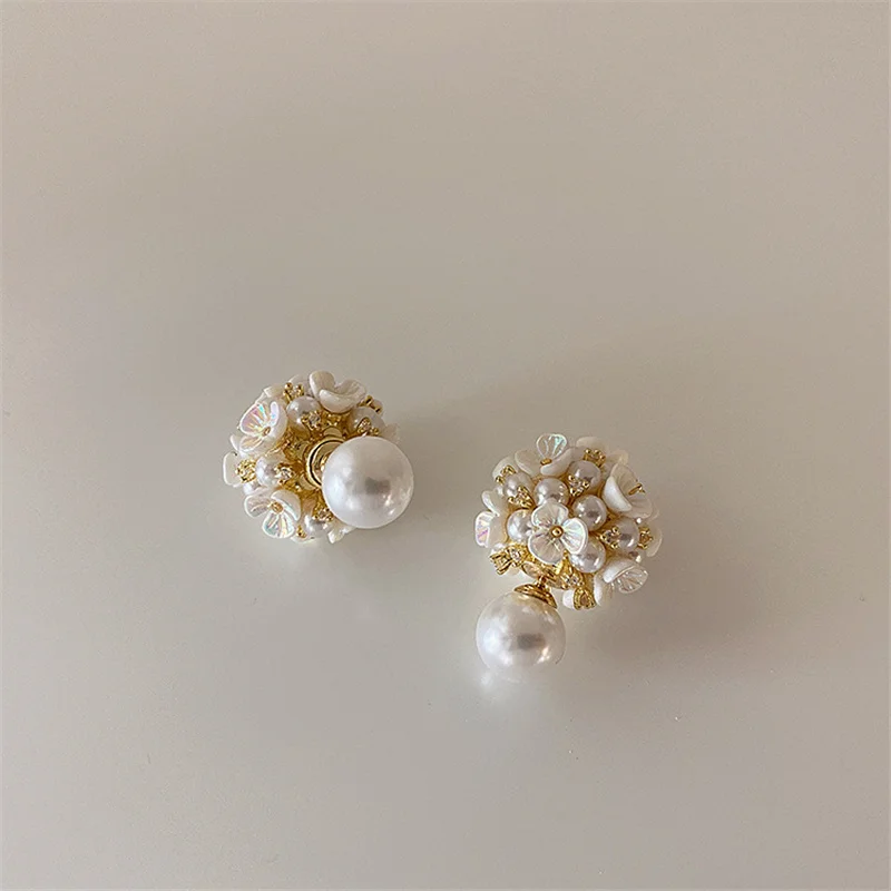 White Shell Flower Pearl Stud Earrings For Women Ball Double Side Elegant Earrings set Exquisite Vintage Fashion Jewelry