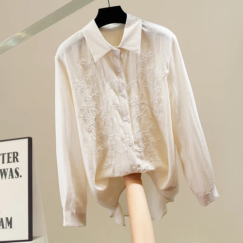 

Модная женская рубашка из хлопка и льна в корейском стиле с объемной вышивкой, 3D цветочным воротником и одной пуговицей – дизайнерская сенсация
