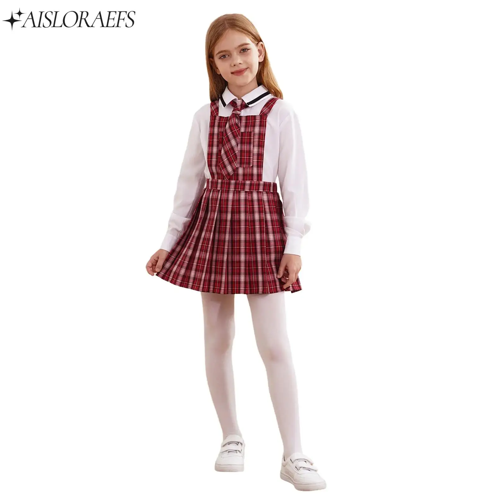 3pcs New Girls School Uniform Sleeveless Pleated Overall Dress Tie Long Sleeve Pullover Shirt for Graduation Cosplay Party Stage