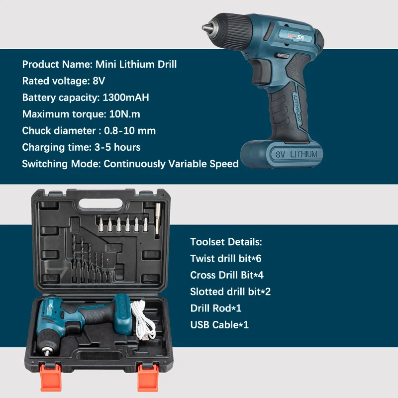 Portable Electric Drill 8v Mini Cordless Drill Rechargeable Hand Drill Multi-functional Household Electric Screwdriver