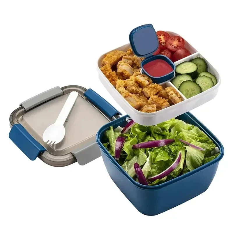 Microwave Lunch Box Portable Bento Box Salad Container Salad Bowls 2 Compartments with Salad Dressing Container Food Containers