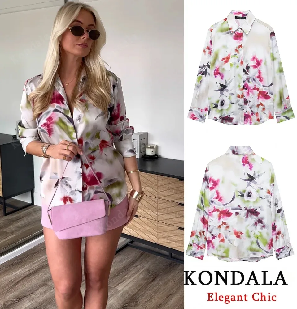 KONDALA 가을 여성 로맨틱 플라워 셔츠 프린트 새틴 버튼 셔츠 2025 봄 휴가 캐주얼 셔츠 우아한 여성 셔츠