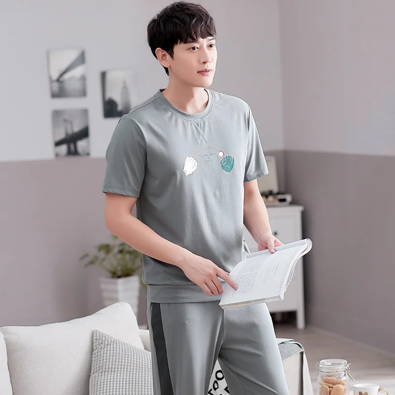 Pajama Sets Men Summer Short Sleeve Tops Long Pants Full Cotton Pajamas Home Suit Mens Sleepwear Loose Nightwear 2pcs/set