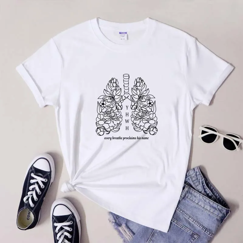 YHWH Every Breathe Proclaims His Name T-Shirt Boho Floral Lung Graphic Tee Top Vintage Christian Yahweh Bible Verse Tshirt