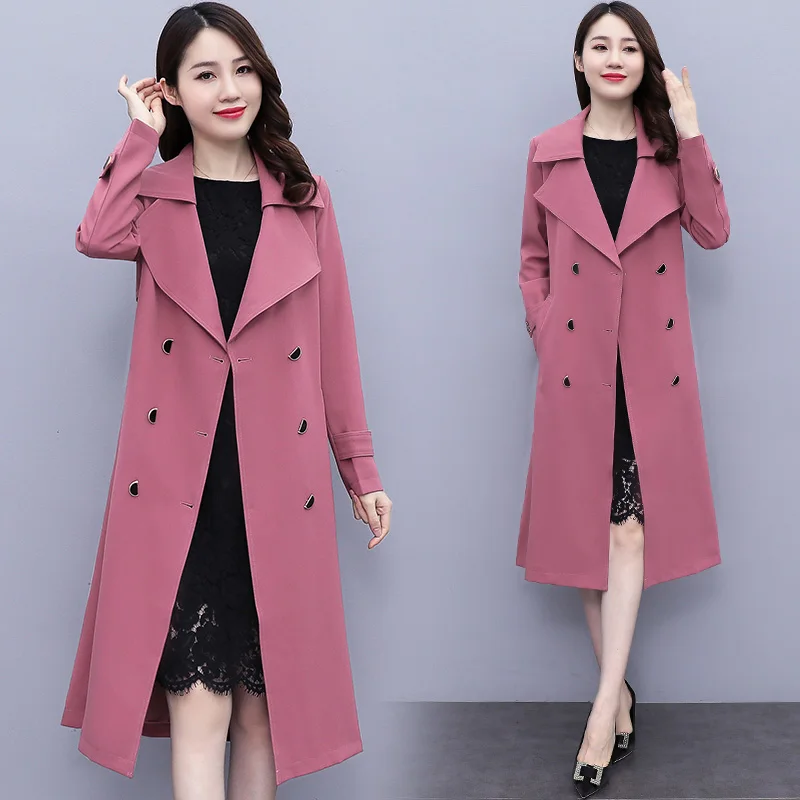 

Womens Casual Long Windbreaker 2024 New Spring Autumn Lapel Double Breasted Tretch Coats Korean Fashion With Belt Solid Outwear