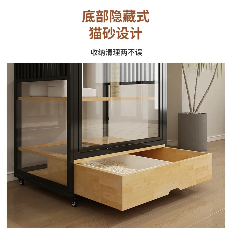 Meow Huang Panorama  Villa Glass Large  Cabinet  Nest Solid Wood  House Home Indoor Cat Cage with Toilet