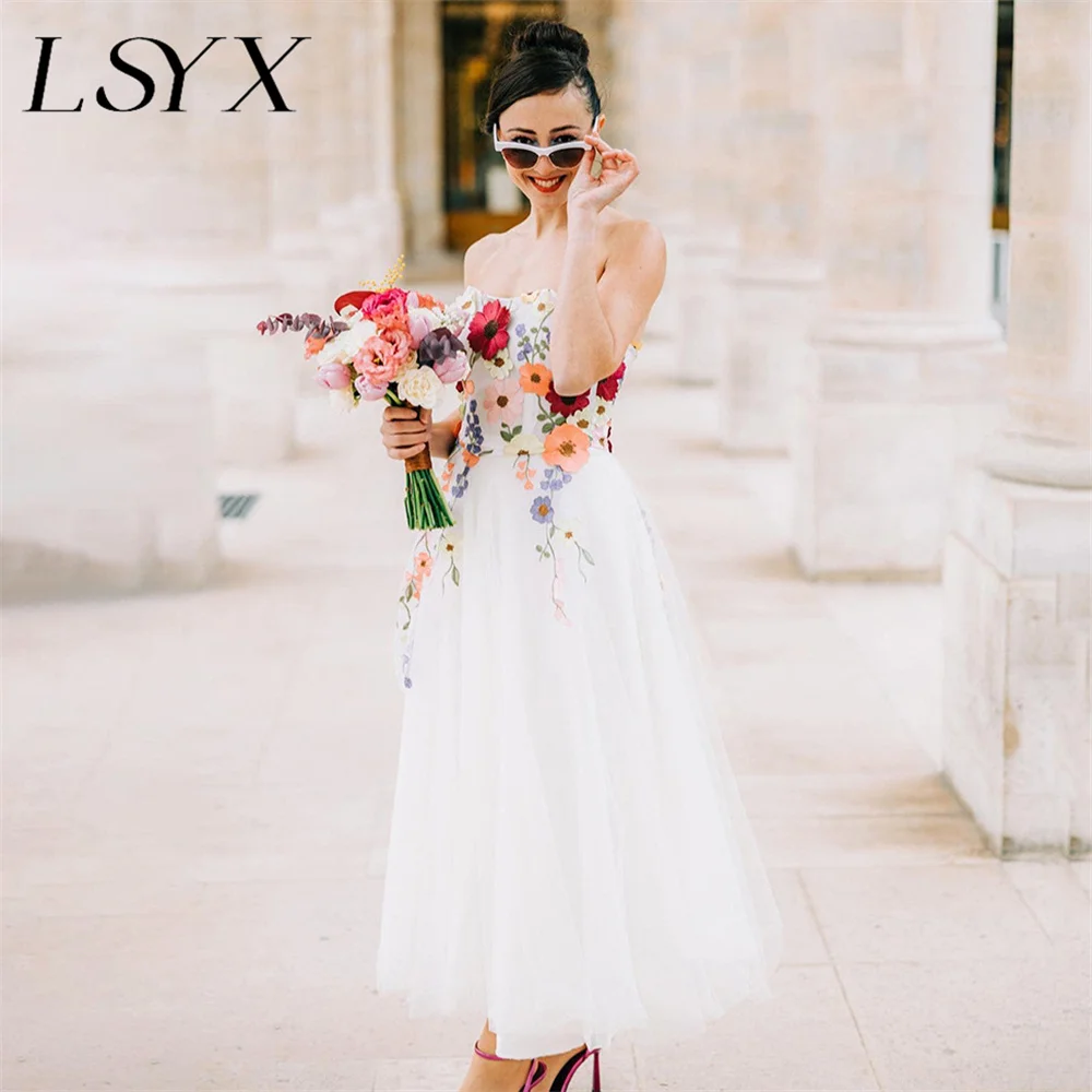 LSYX Culourful Appliques Tulle A-Line Sleeveless Wedding Dress For Women Lace Up Back Ankle Length Bridal Gown Custom Made