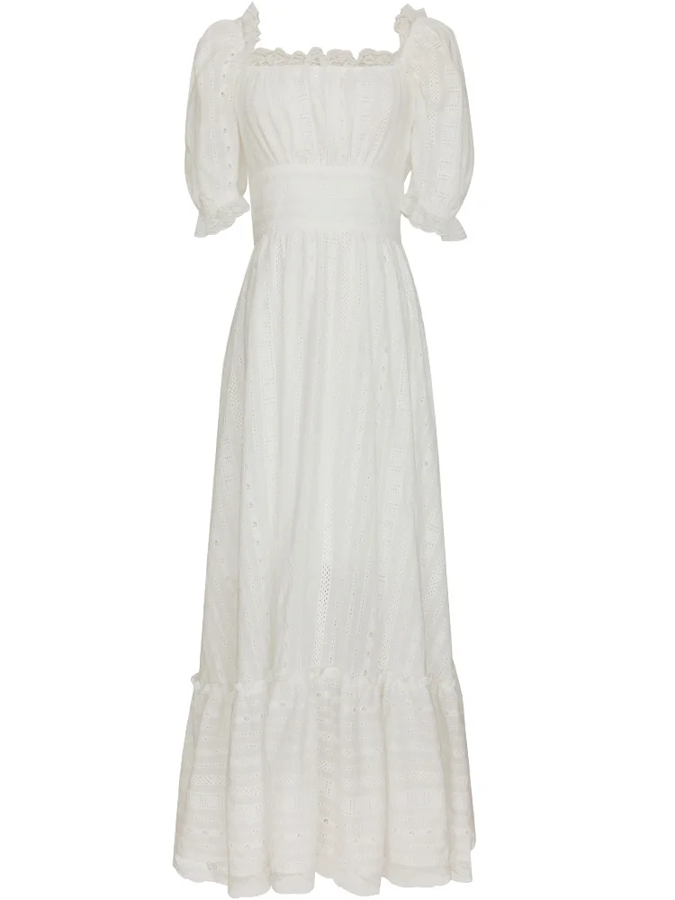 Imagem -06 - Aigyptos Vestido Branco Verão Feminino Vintage Elegante Renda Gola Quadrada Puff Manga Oco para Fora 100 Algodão Maxi Vestidos para Mulher