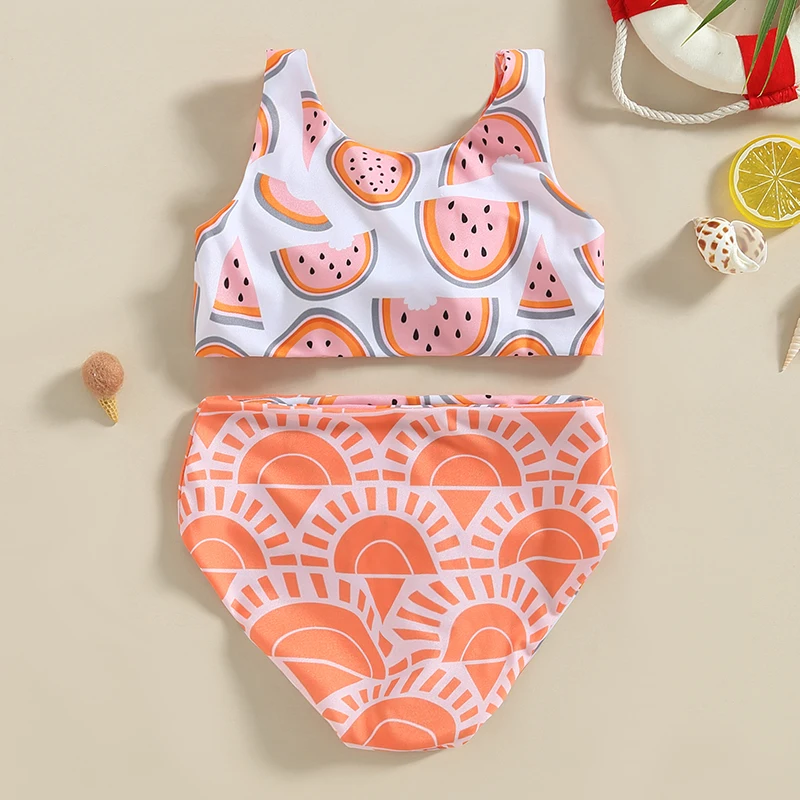 Kid Girl Swimsuit Two Pieces Sets Sleeveless V Neck Watermelon Print Striped Swimwear Summer Swimming Beach Bathing Suit