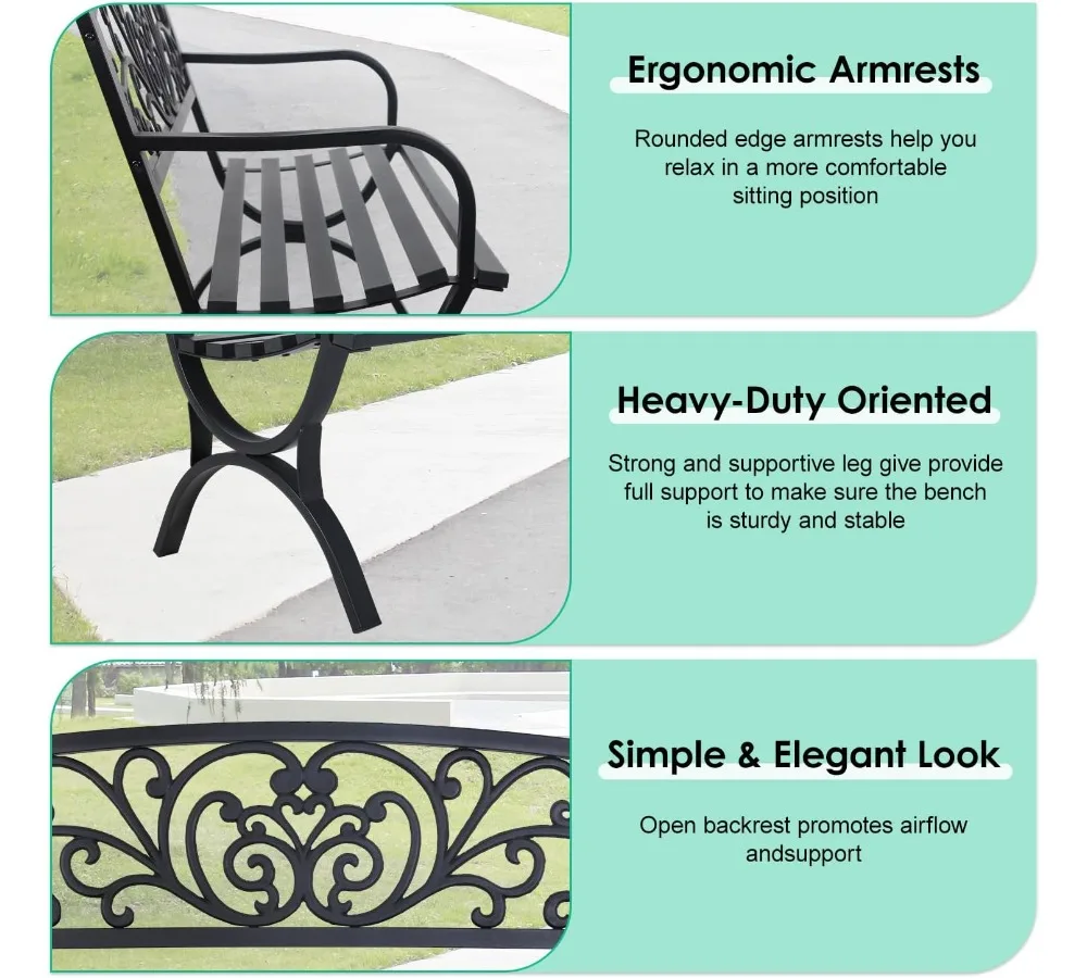مقعد حديقة خارجي مقاس 50 بوصة بتصميم زهور ومقعد شرائحي ومساند للذراعين - مثالي للفناء والشرفة #5