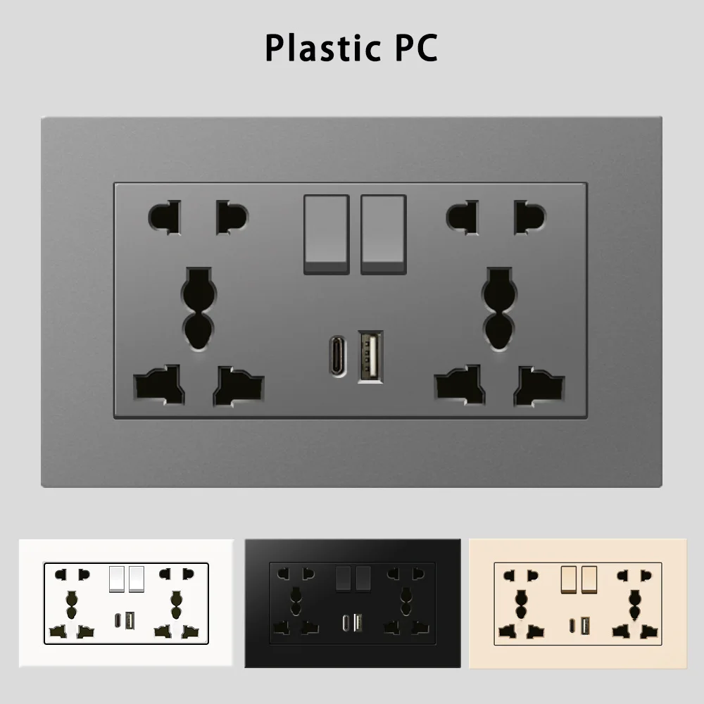 Wall PC British standard 146 double 2Gang13A multifunctional universal 3pin 5-hole USB charging socket panel with Type-C plug