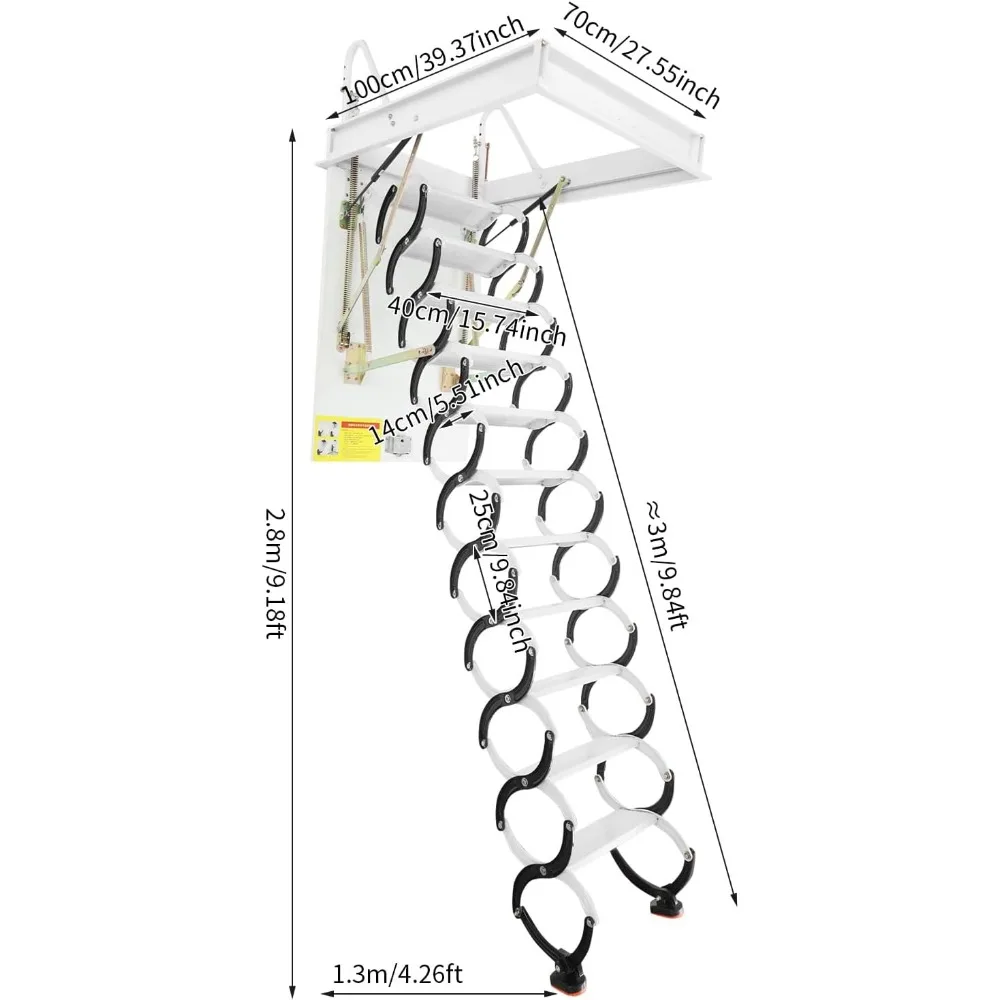 Escada de sótão dobrável de aço de 9 pés com capacidade de carga de 661 libras e sistema pull-down