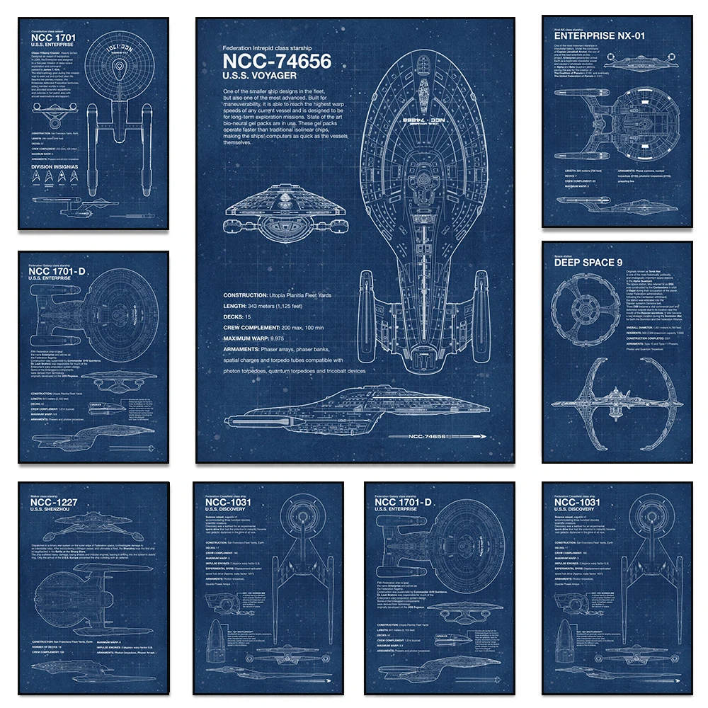 Vintage Star Trek Blueprints Posters HD Canvas Prints Paintings Retro Wall Art Pictures for Living Room Home Decor Frameless