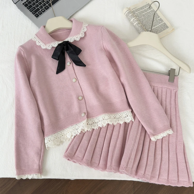 Bomon Y2K Fall new gentle wind bow lace lace patchwork knitwear high waist pleated elastic skirt two-piece women's fashion suit