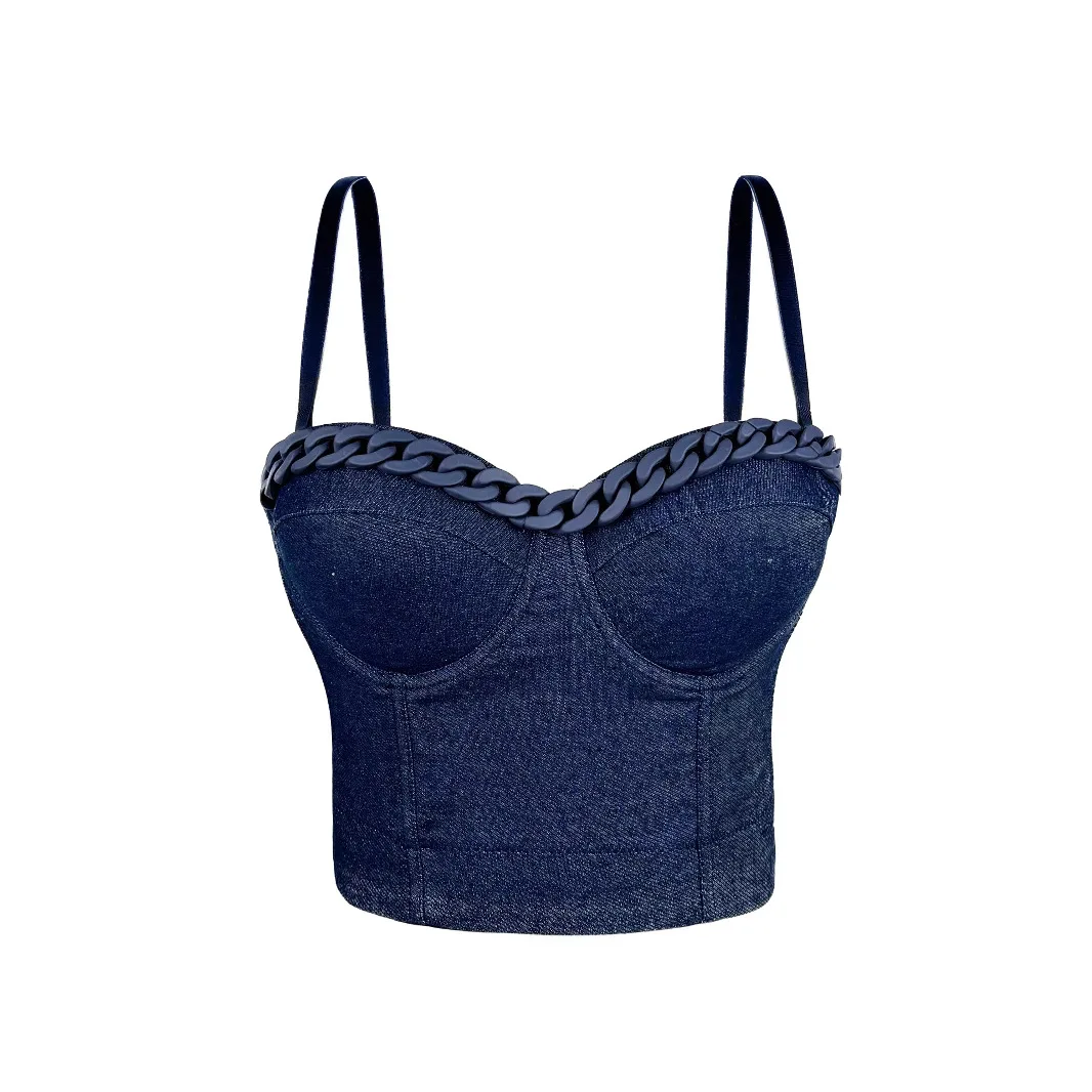 

Женский нишевый жилет с цепочкой для взрослых по индивидуальному заказу и подтяжками с открытым пупком, персонализированный джинсовый топ с рыбьей косточкой, сексуальное женское белье