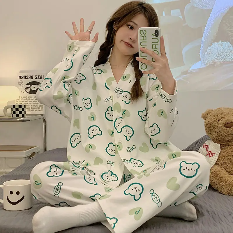 

Pajamas Women's Spring Autumn Cotton Long Sleeve 2024 New Sweet Loungewear Suit V-neck Large Size Cartoon Casual Sleepwear Set