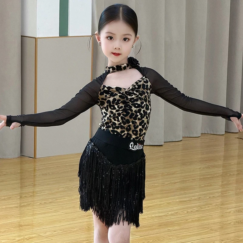 

Leopard Latin Dance Suit 2026 Girl Performance Stage Wear Long Sleeve Dance Suit Fringe Sequin Skirt ChaCha Samba Dancewear 2670
