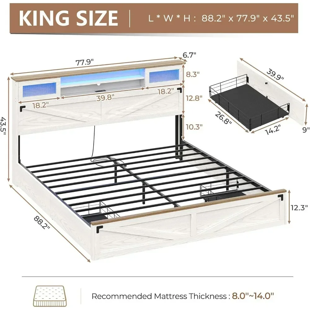 Bed Frame with Bookcase Headboard and 2 Drawers, Wooden Platform King Bed with LED Lights